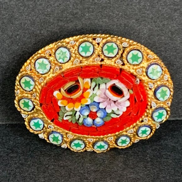VTG Pin Micro Mosaic Italian Brooch Oval Glass Floral Red Green Gold - Picture 2 of 8